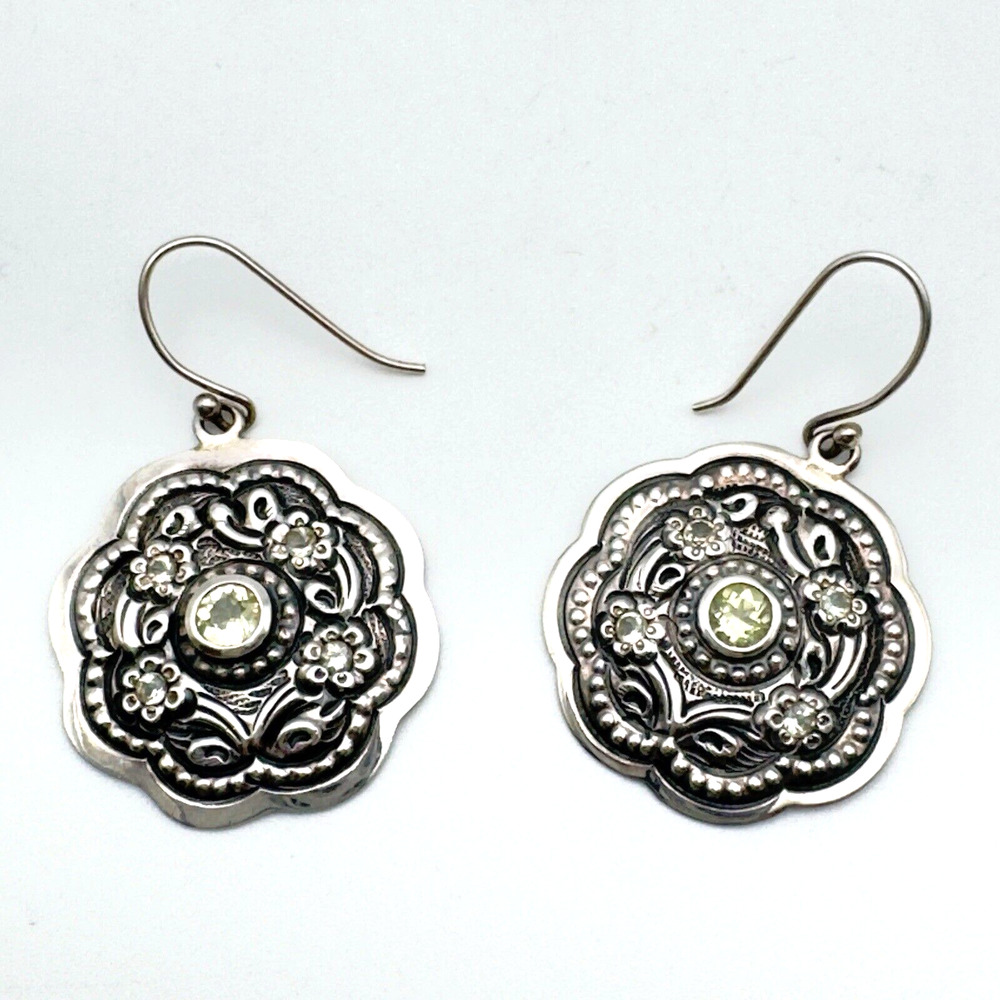 Sterling Silver 925 Peridot Flower Dangle Earrings Artisan August Oxidized 6g - Picture 2 of 10